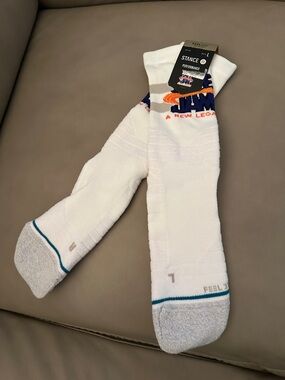 Stance White Athletic Crew Socks with Blue and Orange Logo Accents